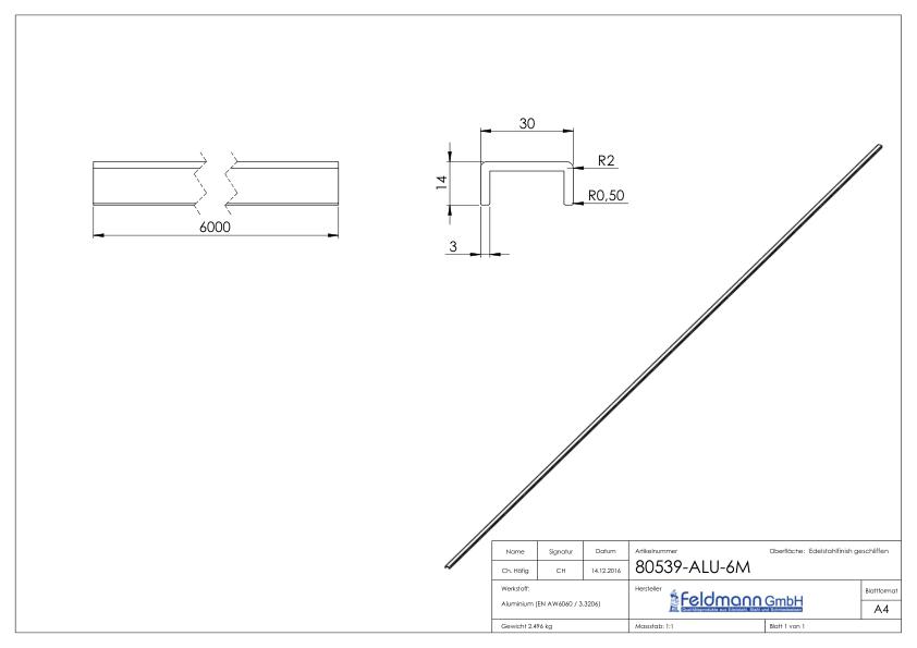 Aluminium-U-Profil, 30x14x3mm, L: 6000mm