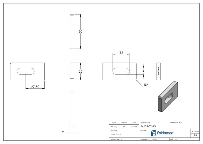 Anschweißlasche eckig 50x25x6mm