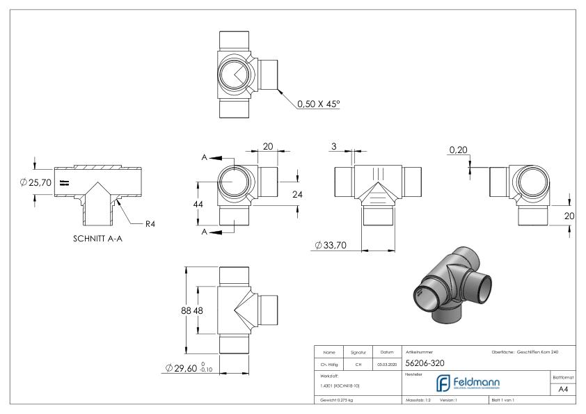 T-Stück mit seitl. Abgang, für Rohr 33,7x2,0mm, V2A