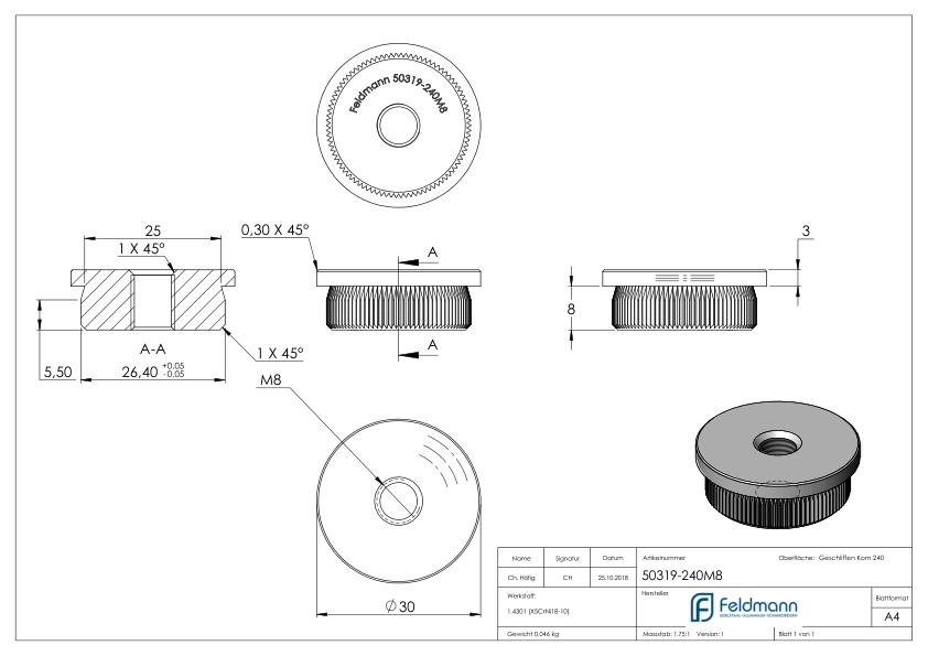 Rohrabschlussstopfen, für Rohr 30,0x2,0mm, V2A