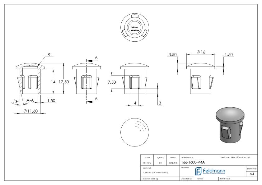 Rohrabschlussstopfen, für Rohr 16x1,0 - 2,0mm, V4A