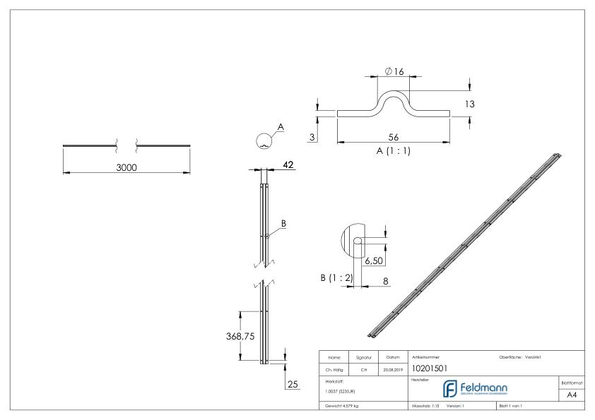 Laufschiene 16mm, L: 3000mm zum Aufschrauben