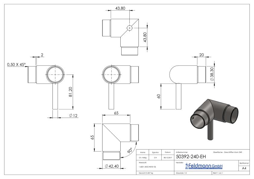 Steckecke mit Stift für Rohr 42,4x2,0mm, V2A