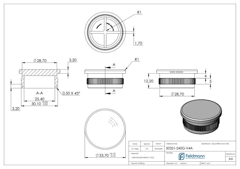 Rohrabschlussstopfen, für Rohr 33,7x2,0mm, V4A