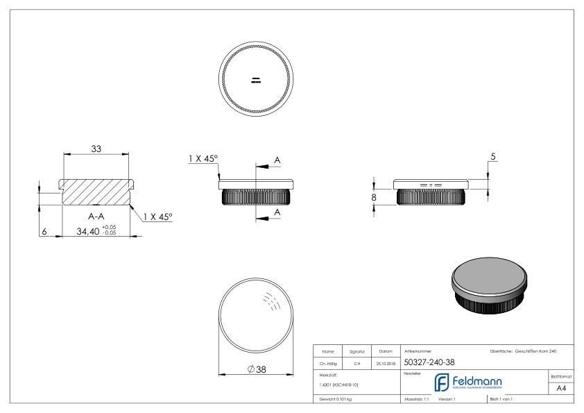 Rohrabschlussstopfen, für Rohr 38,0x2,0mm, V2A