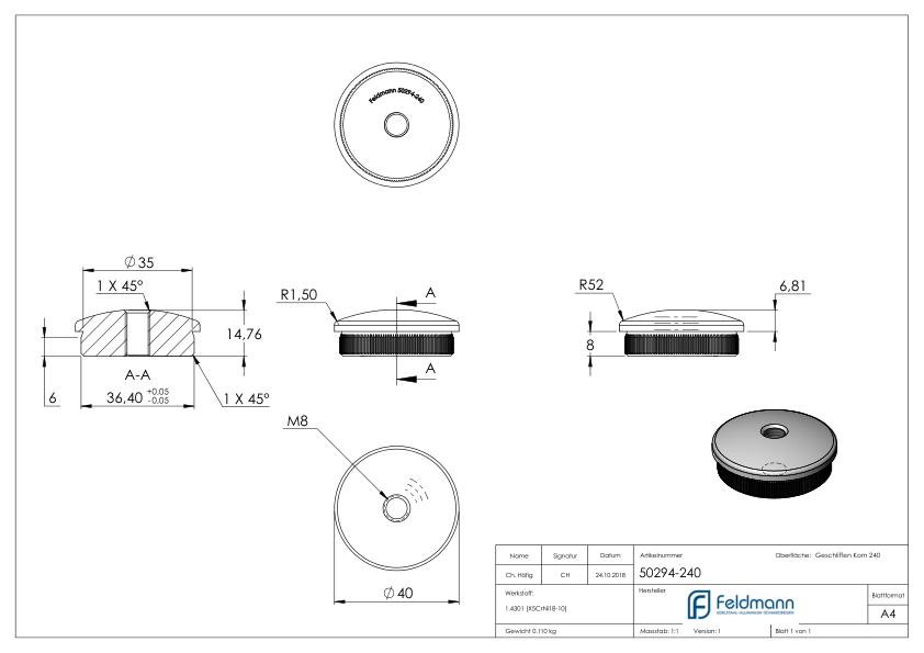 Rohrabschlussstopfen, für Rohr 40,0x2,0mm, V2A