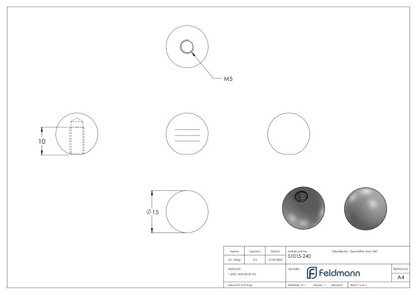 Vollkugel Ø 15mm mit Gewinde M5, V2A
