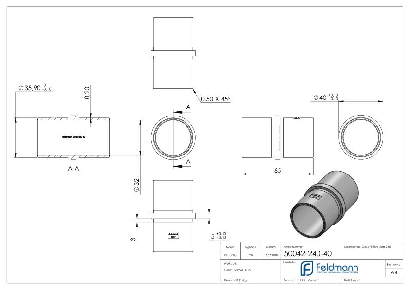 Verbindungsstück für Rohr 40,0x2,0mm, V2A