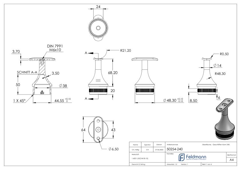Rohrabschlussstopfen für Rohr 48,3x2,0mm, Handlaufanschlussplatte: 42,4mm, V2A Rohrabschlussstopfen für Rohr 48,3x2,0mm, Handlaufanschlussplatte: 42,4mm, V2A