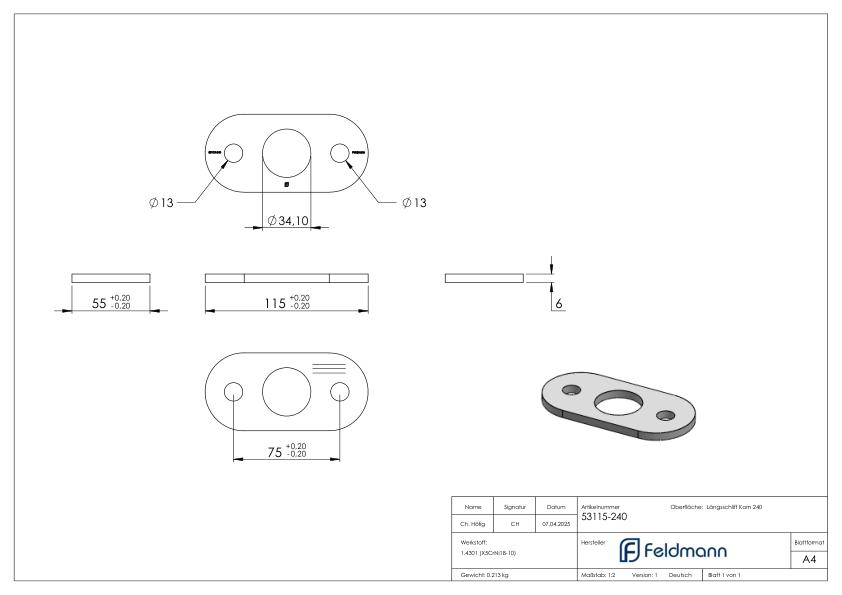 Ankerplatte, 115x55x6mm, mit Längsschliff, V2A