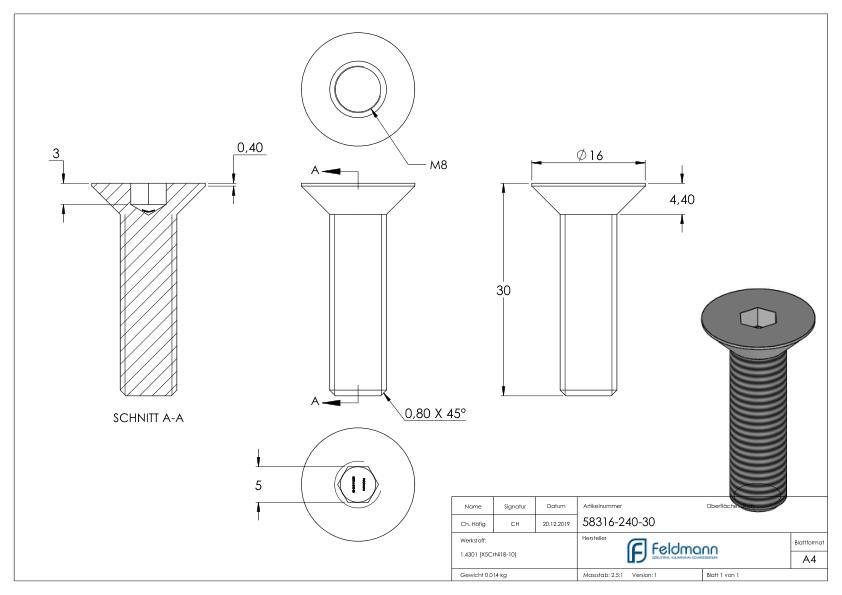 Senkkopfschraube M8x30, V2A, ISO 10642