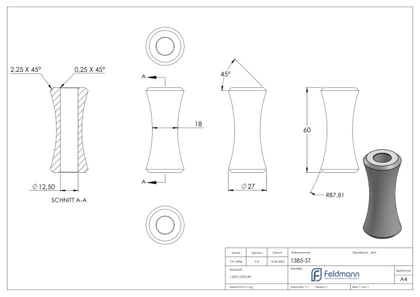 Zierhülse 60x27mm, Lochung 12,5mm