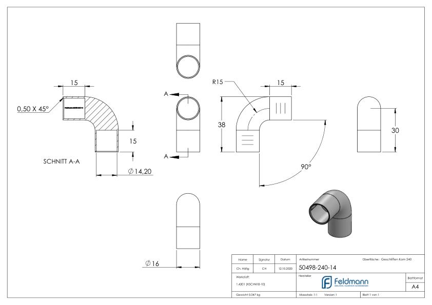 Rundstabverbinder für Ø 14mm, 90°, V2A