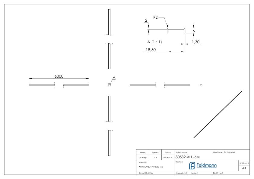 Kantenschutz EXTRA SLIM, für Glas 16,00 - 17,52mm, L: 6000mm, Aluminium E4/EV1