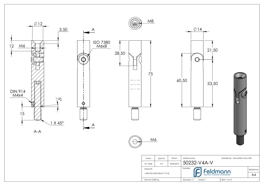 Gelenkstift Ø 14mm, L: 76mm, V4A