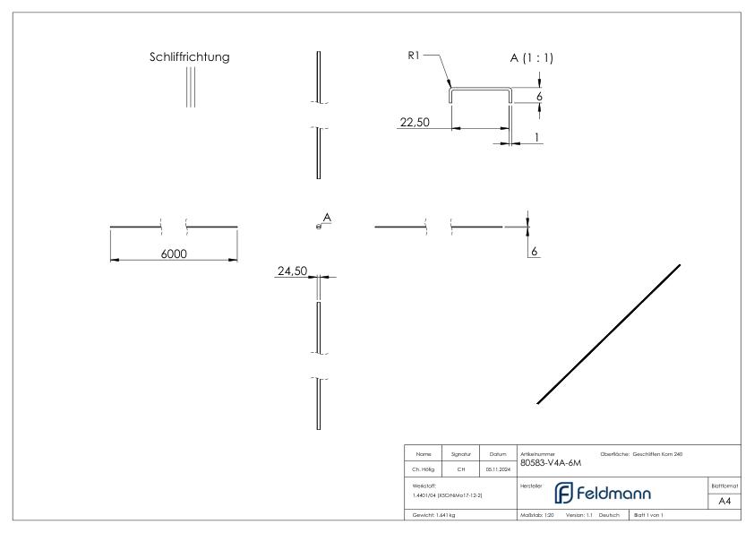 Kantenschutz EXTRA SLIM, für Glas 20,00 - 21,52mm, L: 6000mm, Edelstahl V4A