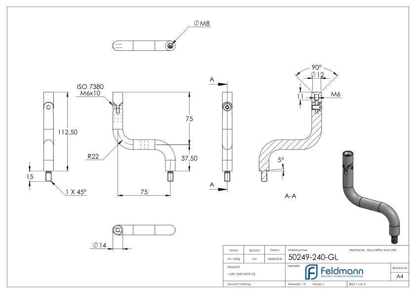 Bügel Ø 14mm, 2x 90° gebogen, V2A