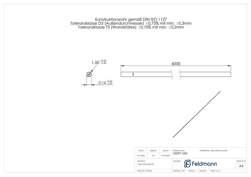 Edelstahlrohr, 14,0x1,5mm, L: 6000mm, V2A