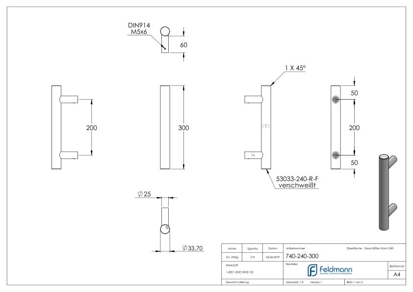 Stoßgriff inkl. Halter gerade mit L: 300mm, V2A Stoßgriff inkl. Halter gerade mit L: 300mm, V2A