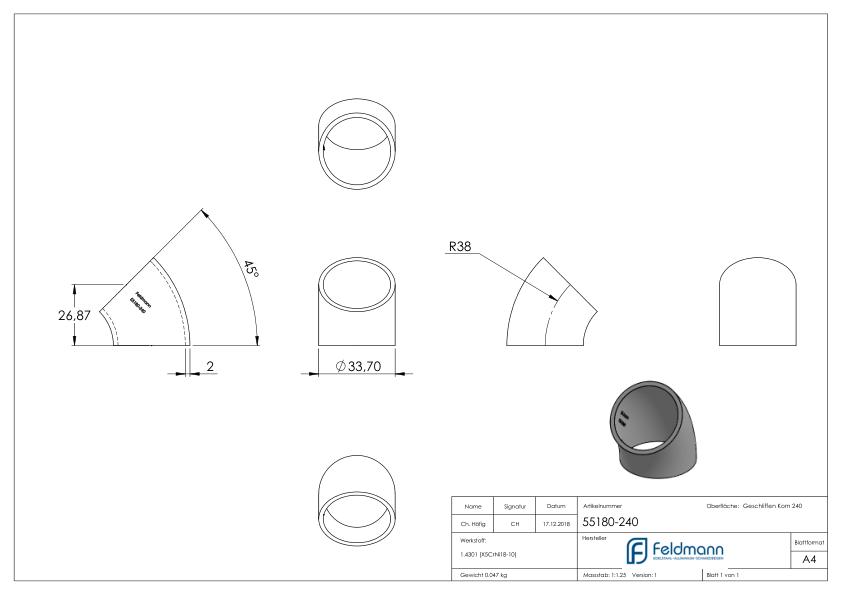 Schweißbogen 45°, 33,7x2,0mm, V2A