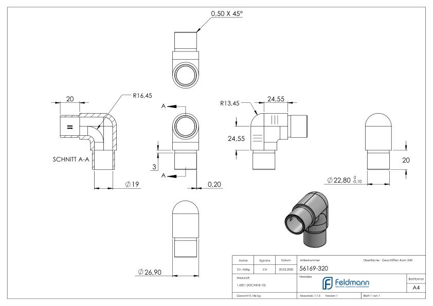 Rohrbogen 90° eng, für Rohr 26,9x2,0mm, V2A