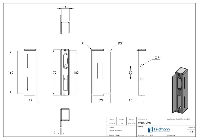 Edelstahlgegenkasten eckig, für Abstand 72mm, 30mm, V2A