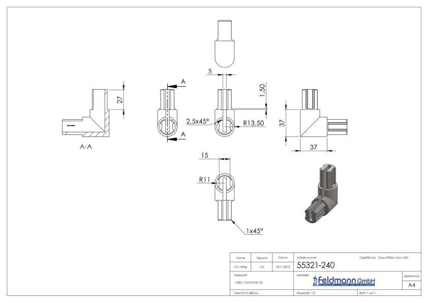 Eckverbinder für rundes Klemmprofil 27x1,5 mm, V2A