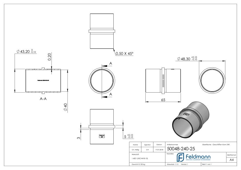 Verbindungsstück für Rohr 48,3x2,5mm, V2A