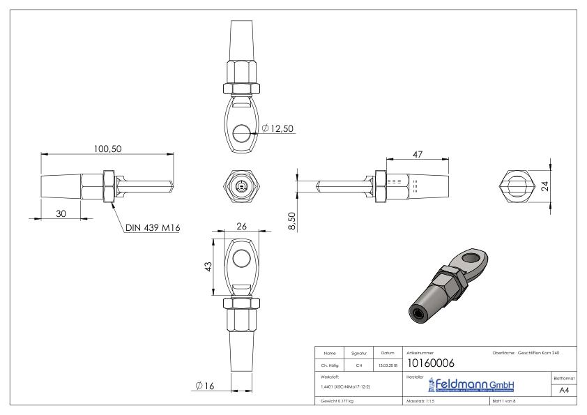 Augenterminal zur Selbstmontage für Seil Ø 6mm, V4A