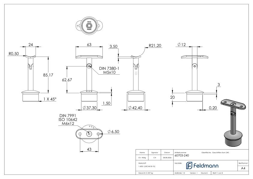 Rohrabschlussstopfen für Rohr 42,4x2,5mm, Handlaufanschlussplatte: 42,4mm, V2A