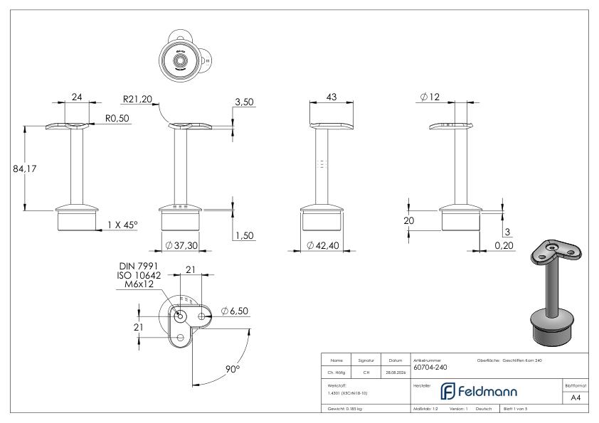 Rohrabschlussstopfen für Rohr 42,4x2,0mm, Haltepl. 42,4mm 90°, V2A