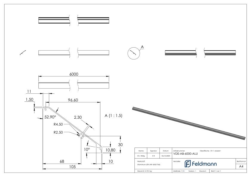 Design-Abdeckung für eleganza canopy, L: 6000mm, Aluminium E4/EV1