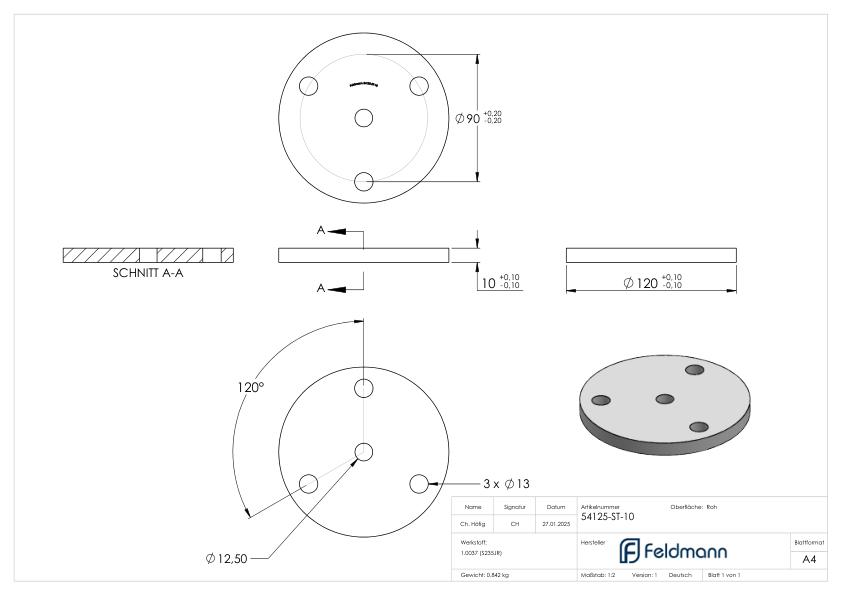 Ankerplatte Ø 120 x 10mm, mit 3 Bohrungen Ø 13mm und Mittelbohrung Ø 12,5mm, Stahl roh