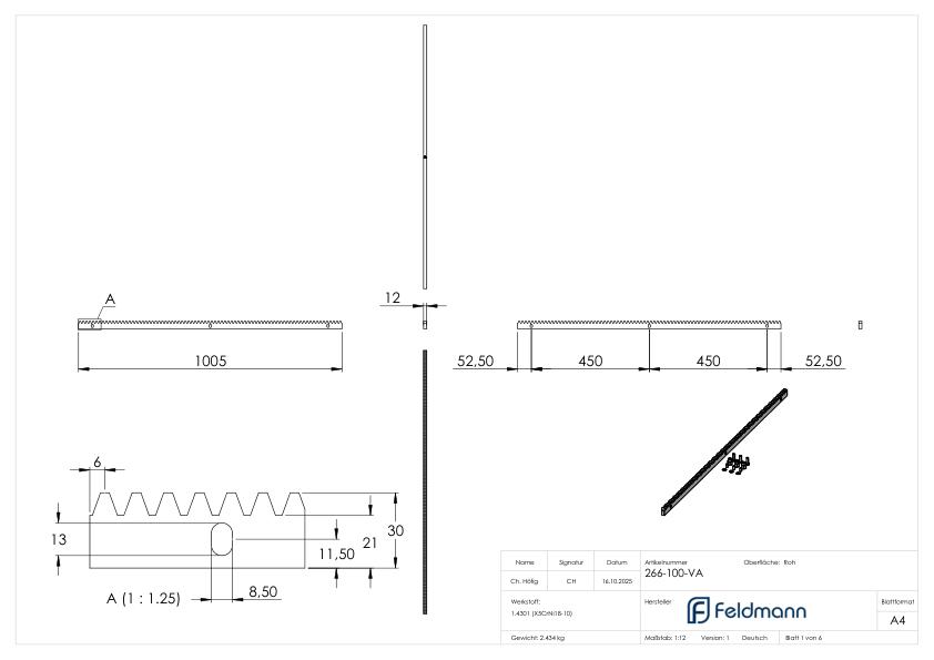 Zahnstange 30 x 12mm, Länge 1m, inkl. Befestigungsmaterial, V2A