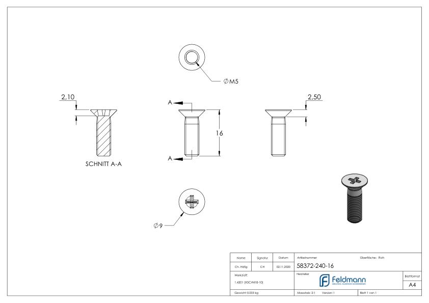 Senkkopfschraube M5x16, V2A DIN 965 Senkkopfschraube M5x16, V2A DIN 965