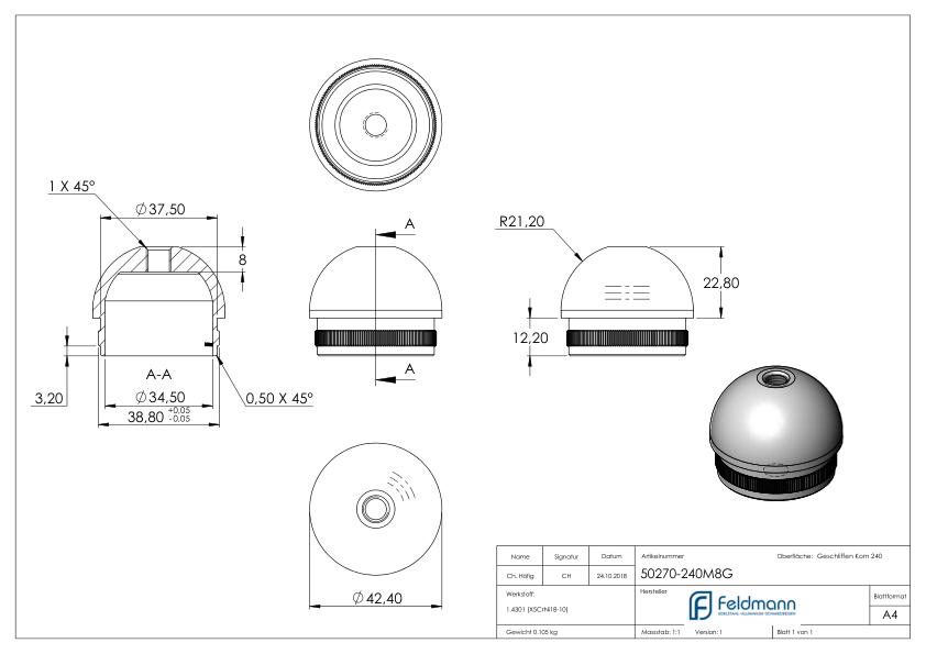 Rohrabschlussstopfen mit M8, für Rohr 42,4x2,0mm, V2A