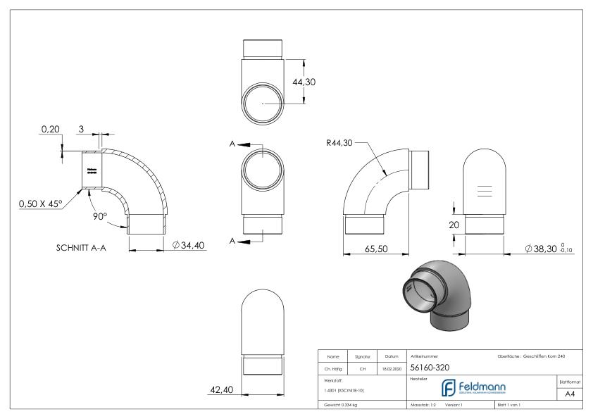 Rohrbogen 90°, für Rohr 42,4x2,0mm, V2A