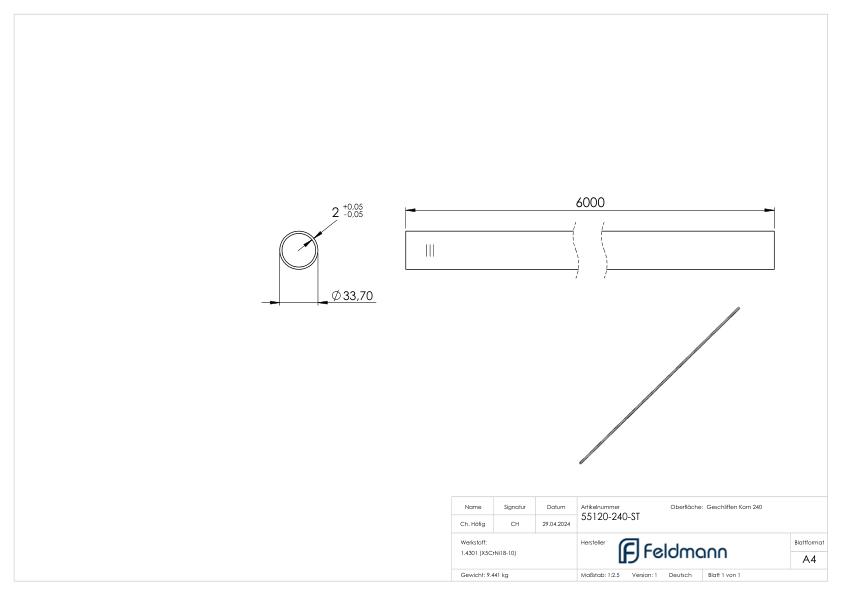 Edelstahlrohr, 33,7 x 2,0mm, L=6m, Korn 240 geschliffen, V2A