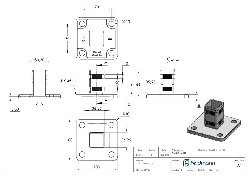 Wand- und Bodenanker mit Rändelung, für Rohr 40x40x2,0mm, V2A