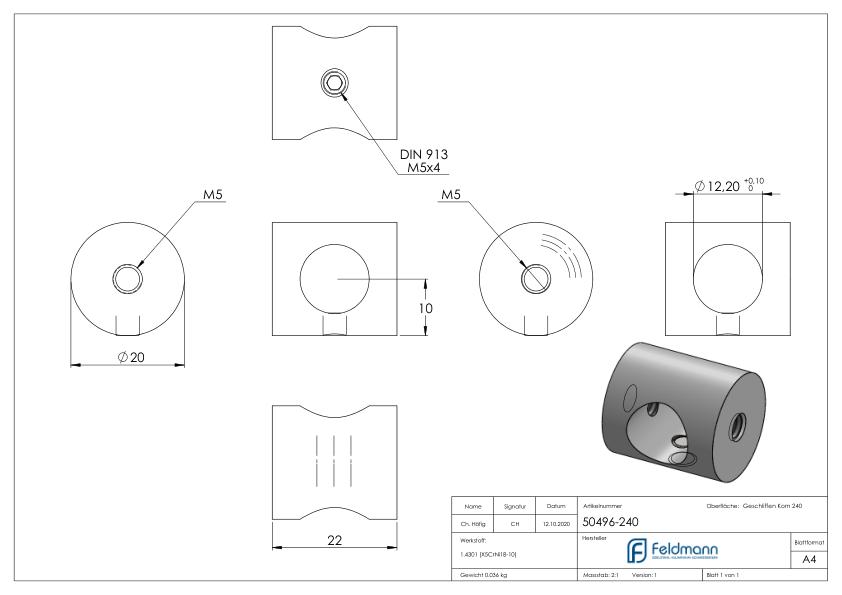 Querstabhalter (Montage zwischen zwei Flacheisen) mit 12,2mm Bohrung, V2A