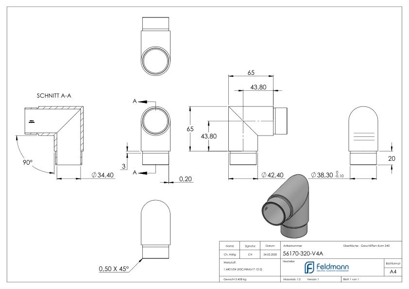 Eckstück 90°, für Rohr 42,4x2,0mm, V4A