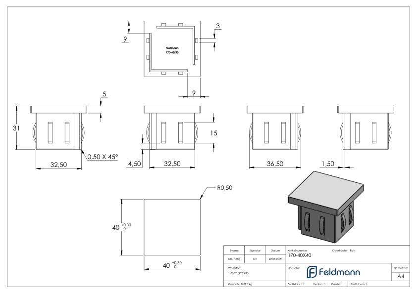 Stahleinschlagkappe, für Quadratrohr 40x40mm