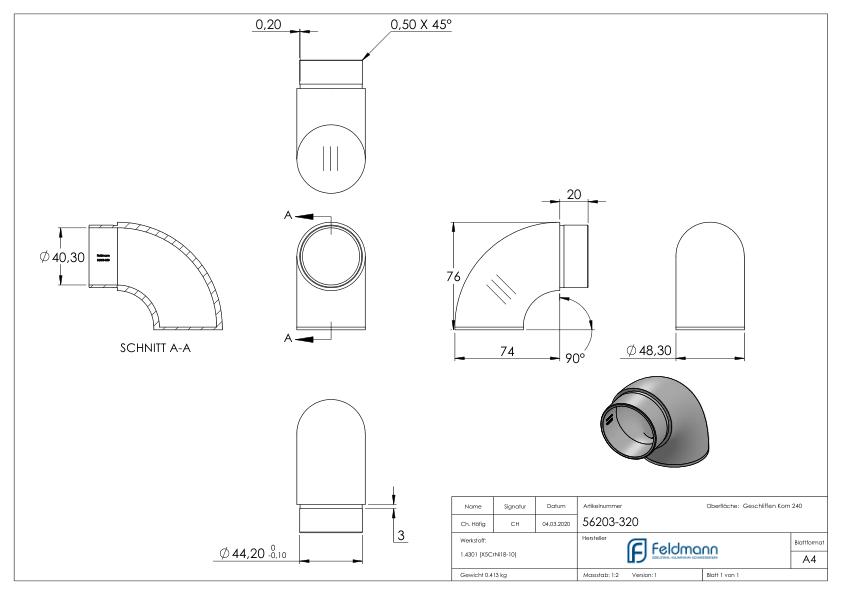 Endbogen 90° flach, für Rohr 48,3x2,0mm, V2A