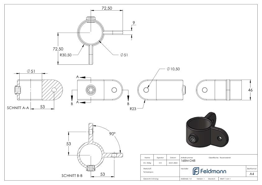 Halter mit 2 Laschen, 90°, für Rohr Ø 48,3mm