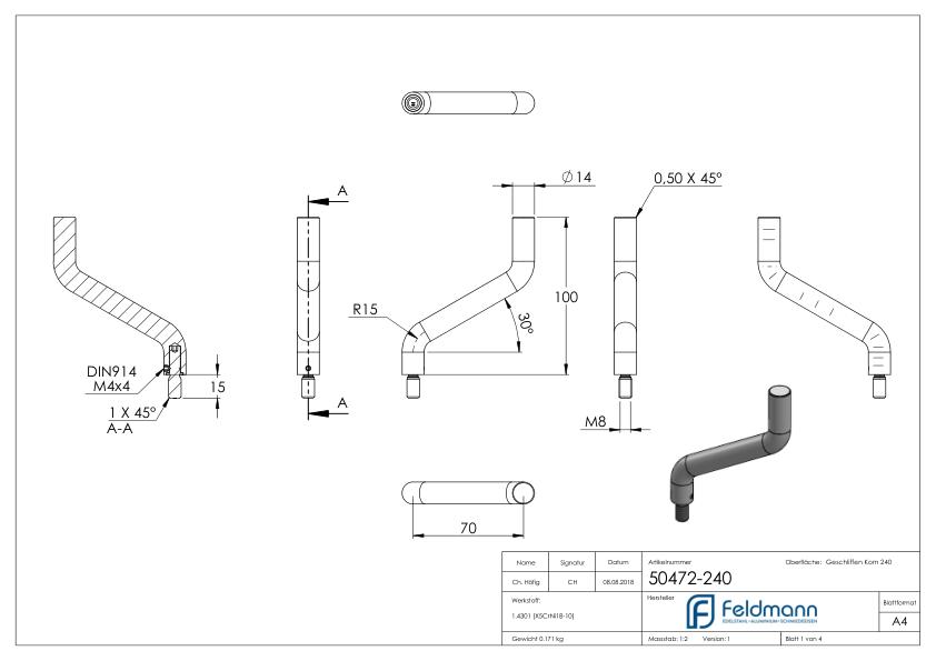 Bügel Ø 14mm, 2x 30° gebogen, V2A