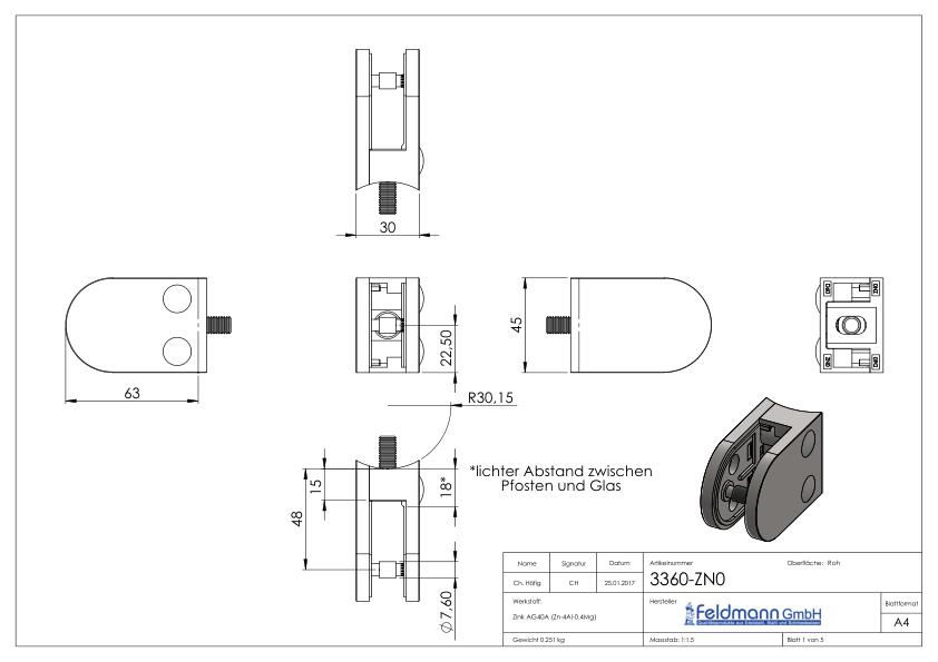 Glasklemme Mod. 33, Anschluss: 60,3mm, in Zink roh Glasklemme Mod. 33, Anschluss: 60,3mm, in Zink roh