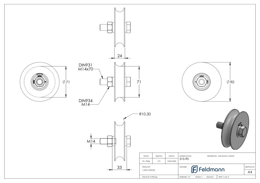 Schiebetorrolle mit Rundrille, Ø 90mm, für Schiene Ø 20mm, 2 Kugellager, verzinkt