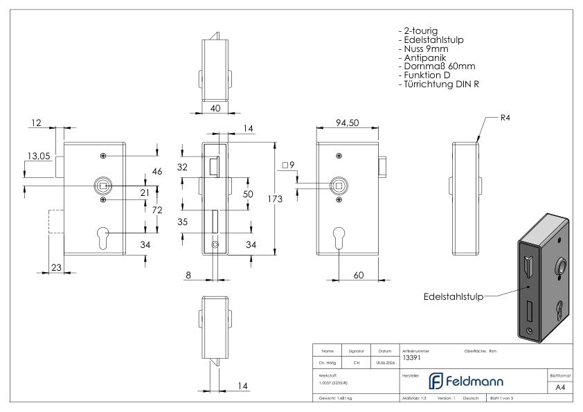 Anti-Panikschloss 40mm mit Durchgangfunktion DIN R