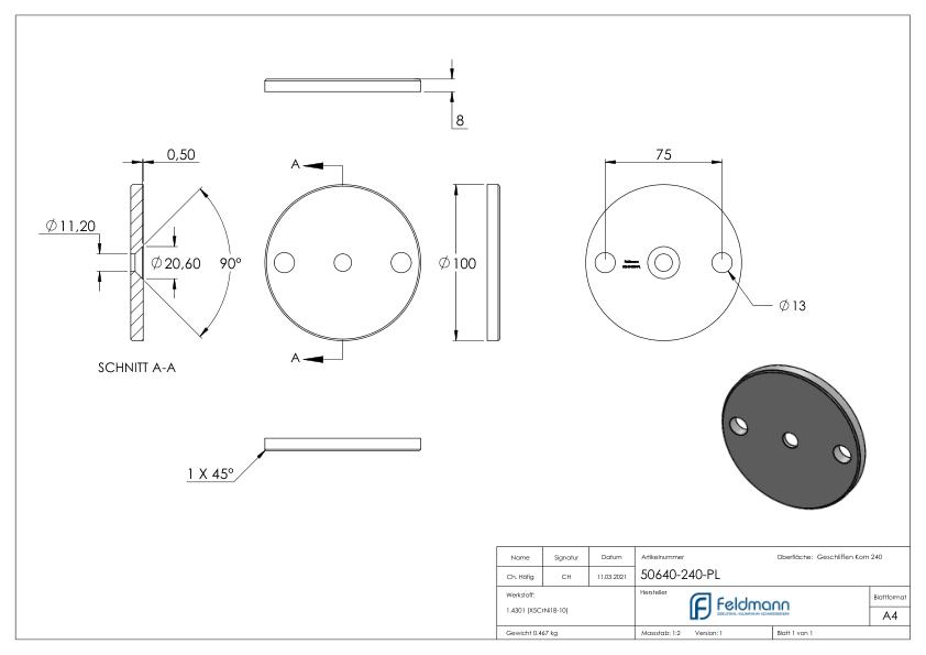 Ankerplatte zu Vordachsystem, V2A