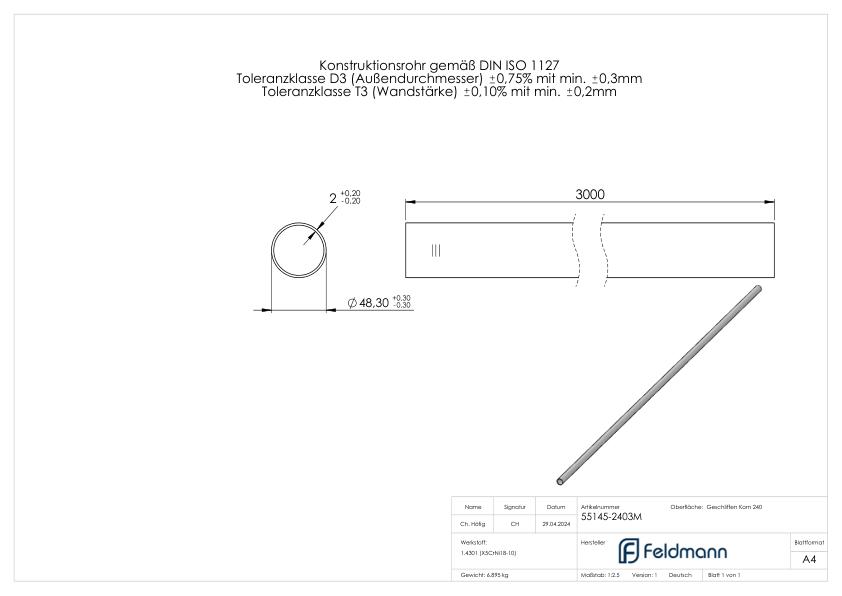 Edelstahlrohr, 48,3x2,0mm, L: 3000mm, V2A